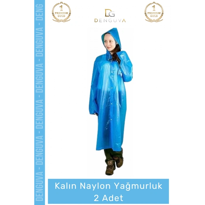 #Yağmurluk Su Geçirmez Mavi Çıtçıtlı Kapüşonlu Dayanıklı Kaliteli Uniseks Kalın Naylon Yağmurluk - 2 Adet