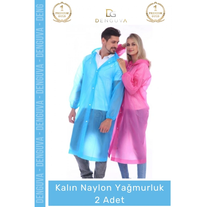 #Yağmurluk Su Geçirmez Mavi Çıtçıtlı Kapüşonlu Dayanıklı Kaliteli Uniseks Kalın Naylon Yağmurluk - 2 Adet