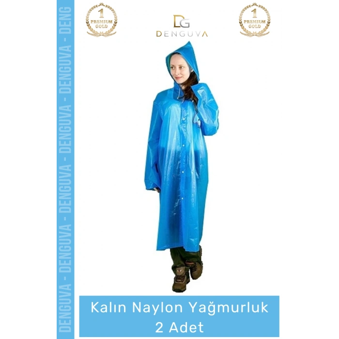 #Yağmurluk Su Geçirmez Mavi Çıtçıtlı Kapüşonlu Dayanıklı Kaliteli Uniseks Kalın Naylon Yağmurluk - 2 Adet