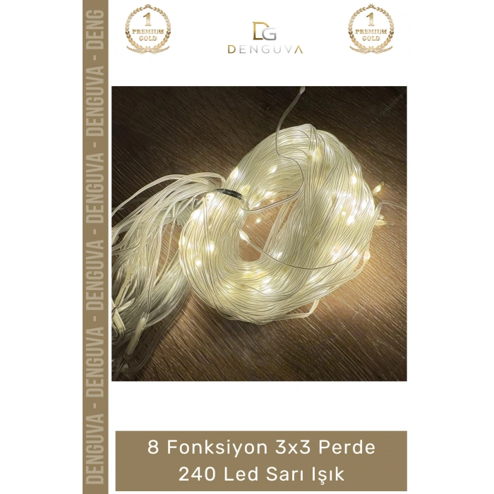 #Led Dekoratif Gün Işığı Pencere Balkon Süslemesi 8 Fonksiyon 3x3 Perde 240 LED Sarı Işık