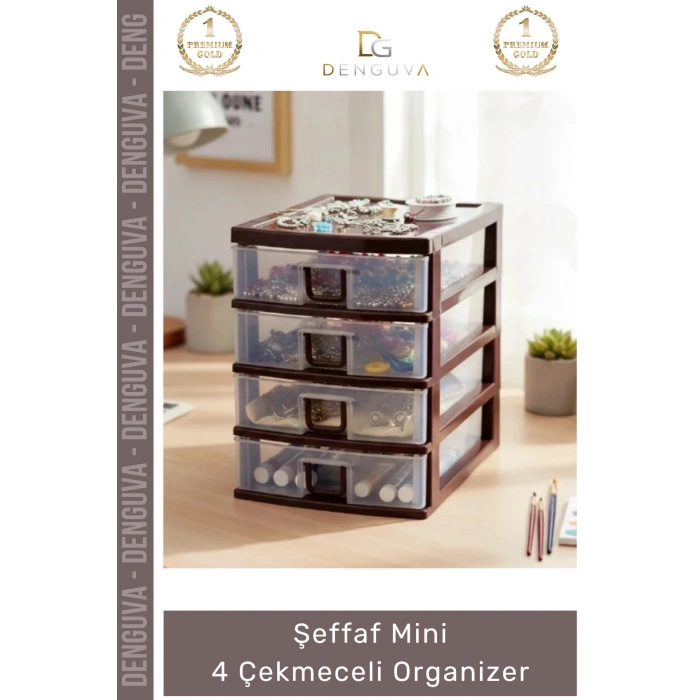 #Çekmece Masaüstü Ofis Ev Tipi Takı Makyaj Kırtasiye Hobi Şeffaf Plastik Mini 4 Çekmeceli Organizer - 1 Adet