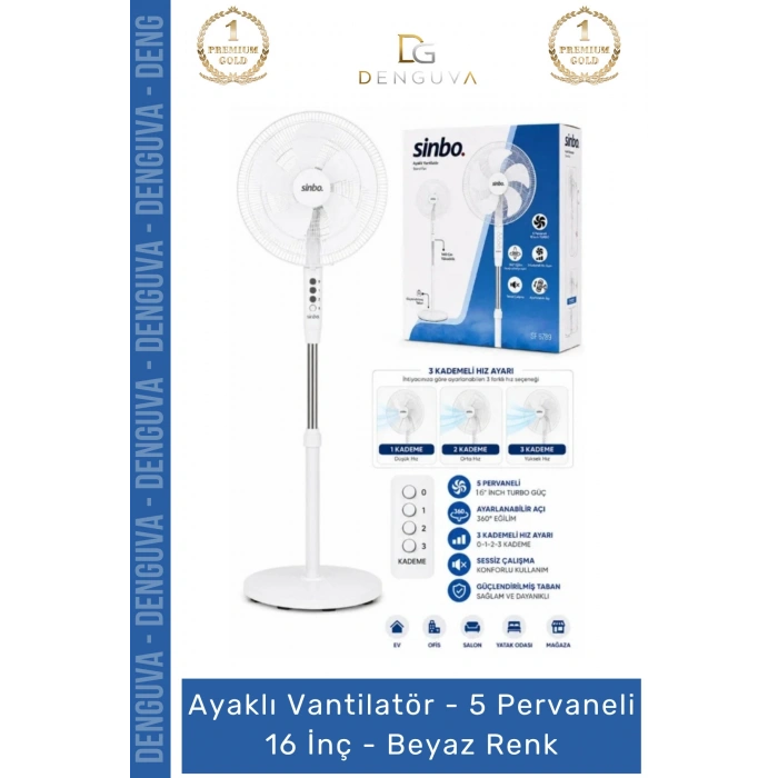 #Vantilatör Sinbo Ayaklı Vantilatör Sessiz Motorlu 5 Kanatlı Ayarlanabilir Pervaneli 16 İnç Beyaz Renk