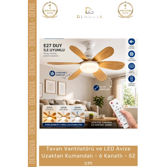 #Vantilatör Vantilatörü LED Avize Modern Ahşap Görünümlü Uzaktan Kumandalı 6 Kanatlı 52 cm
