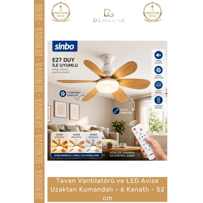 #Vantilatör Vantilatörü LED Avize Modern Ahşap Görünümlü Uzaktan Kumandalı 6 Kanatlı 52 cm