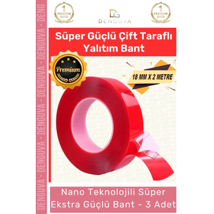#Bant Çift Taraflı Akrilik Silikonize Şeffaf Güçlü Yapışkanlı Montaj Bant 18 mm x 2 metre - 3 Adet