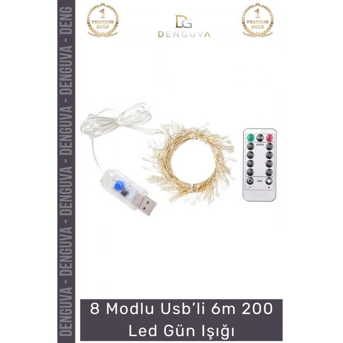 #LedIşık Dekoratif Aydınlatma USB Bağlantılı Kumandalı 8 Modlu Esnek Bakır Tel 6m 200 Led Gün Işığı