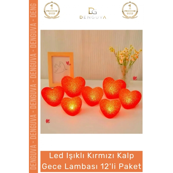 #LedIşık Kırmızı Kalp Formlu LED Pilli Romantik Dekoratif Aydınlatma Gece Lambası 12li Paket