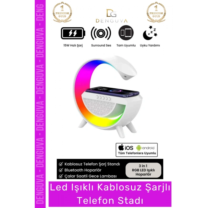 #TelefonStandı RGB LED Işıklı Kablosuz Şarjlı Masa Lambası Saatli Hoparlör Telefon Standı 3 in 1 Speaker