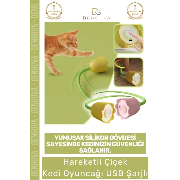 #KediOyuncağı USB Şarjlı İnteraktif Sallanan Kuyruklu Silikon Gövdeli Eğitici Hareketli Çiçek Kedi Oyuncağı