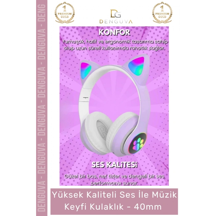 #Kulaklık Işıklı 50 Stereo Yüksek Ses Kaliteli Şarjlı Çocuk Mikrofonlu Kablosuz Bluetooth Kedili Kulaklık