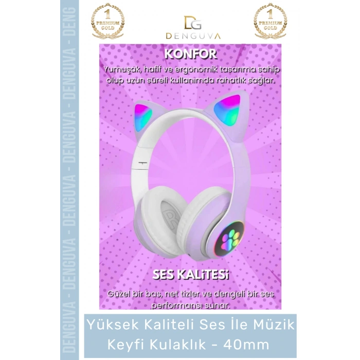#Kulaklık Işıklı LED Çocuk Mikrofonlu Kulaküstü Stereo Şarjlı Pembe RGB Kablosuz Bluetooth Kedili Kulaklık