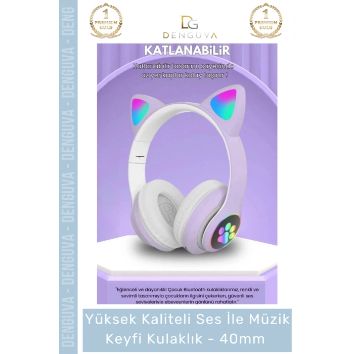 #Kulaklık Işıklı LED Çocuk Mikrofonlu Kulaküstü Stereo Şarjlı Pembe RGB Kablosuz Bluetooth Kedili Kulaklık
