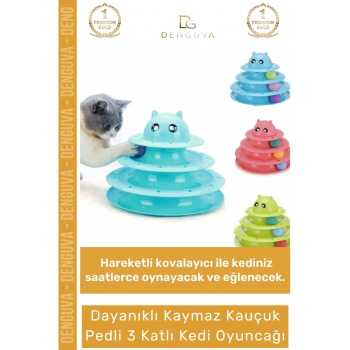 #KediOyuncağı 3 Katlı Kedi Başlıklı Toplu Hareketli Petzoom Kule Eğitici Kedi Oyuncağı 19,5 cm x 24cm