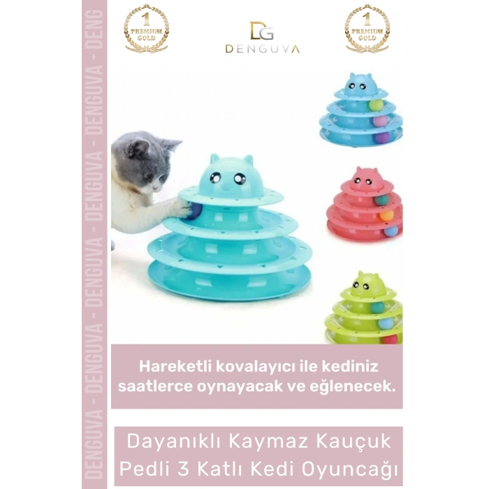 #KediOyuncağı 3 Katlı Kedi Başlıklı Toplu Hareketli Petzoom Kule Eğitici Kedi Oyuncağı 19,5 cm x 24cm