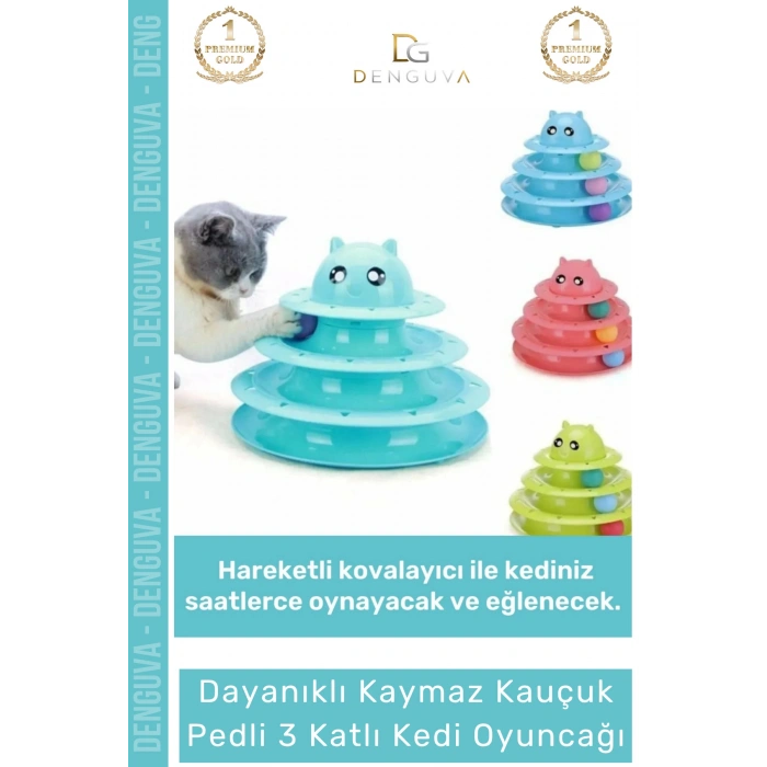 #KediOyuncağı 3 Katlı Kedi Başlıklı Toplu Hareketli Petzoom Kule Eğitici Kedi Oyuncağı 19,5 cm x 24cm