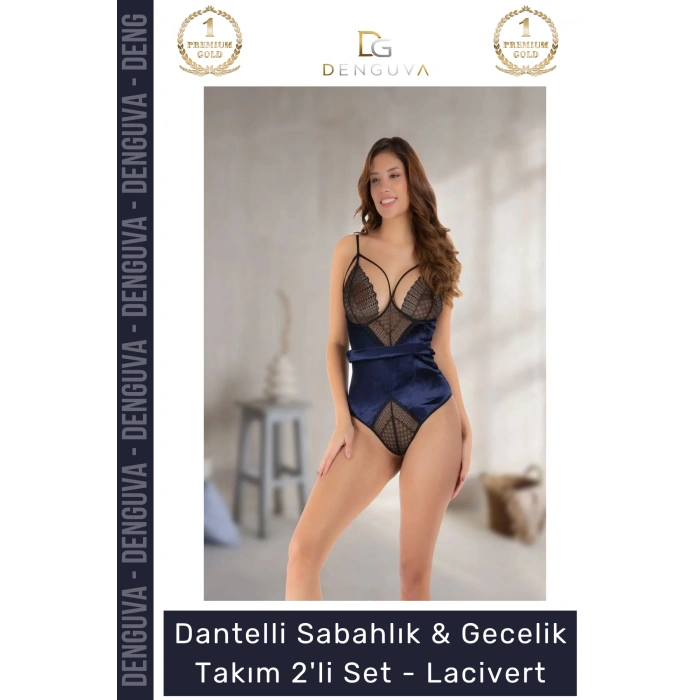 Dantelli Sabahlık Gecelik Takım 2li SetYeni Sezon Rahat Zarif Kadın Büyüleyici Lacivert