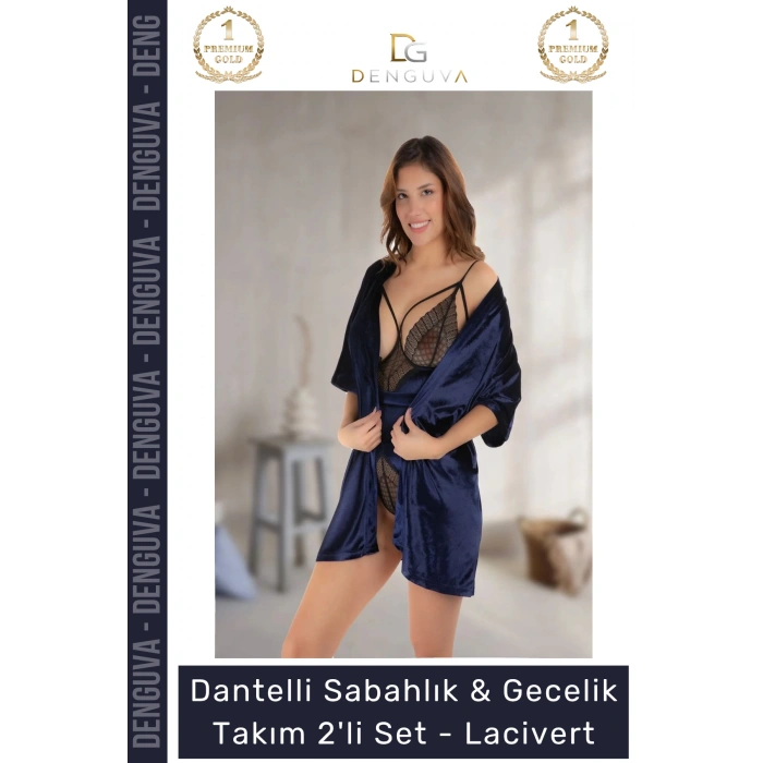 Dantelli Sabahlık Gecelik Takım 2li SetYeni Sezon Rahat Zarif Kadın Büyüleyici Lacivert