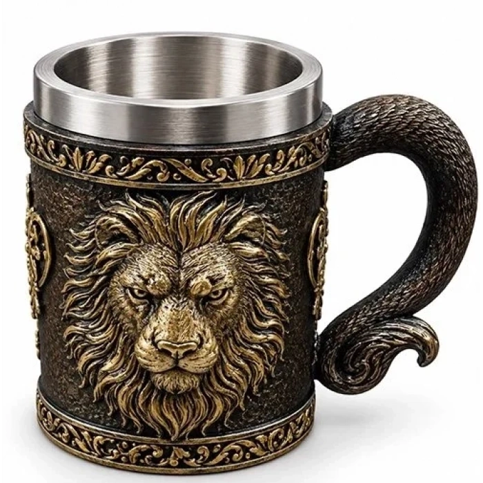 Aslan Figürlü 3D Kabartmalı Paslanmaz Çelik Kupa Bardak Alk6342
