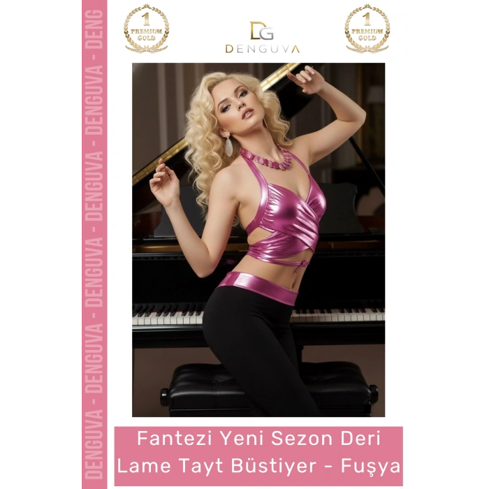 Seksi Metalik Kumaş Çapraz Bağlamalı Crop Top Fuşya Deri Lame Büstiyer Tayt