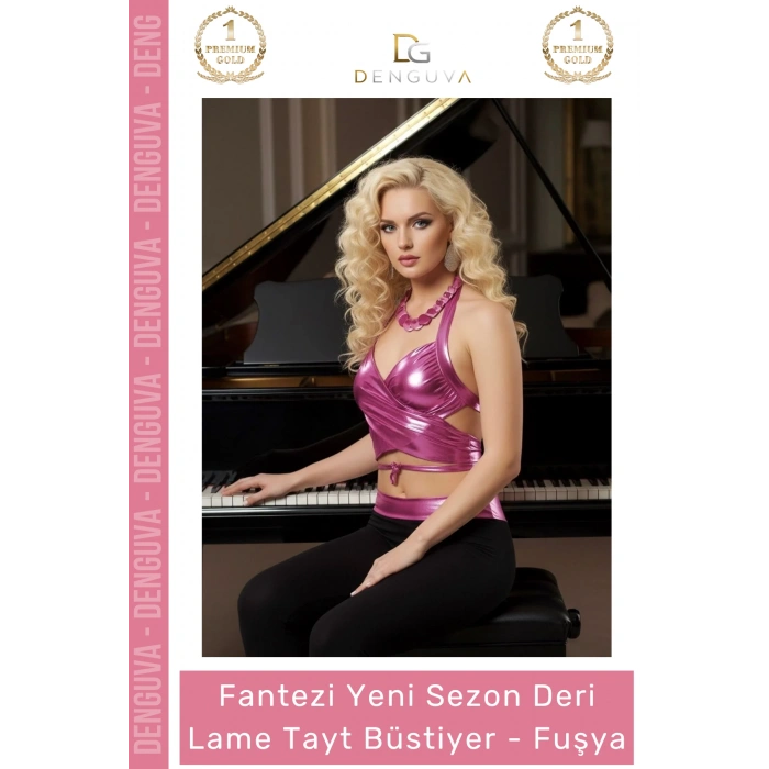 Seksi Metalik Kumaş Çapraz Bağlamalı Crop Top Fuşya Deri Lame Büstiyer Tayt