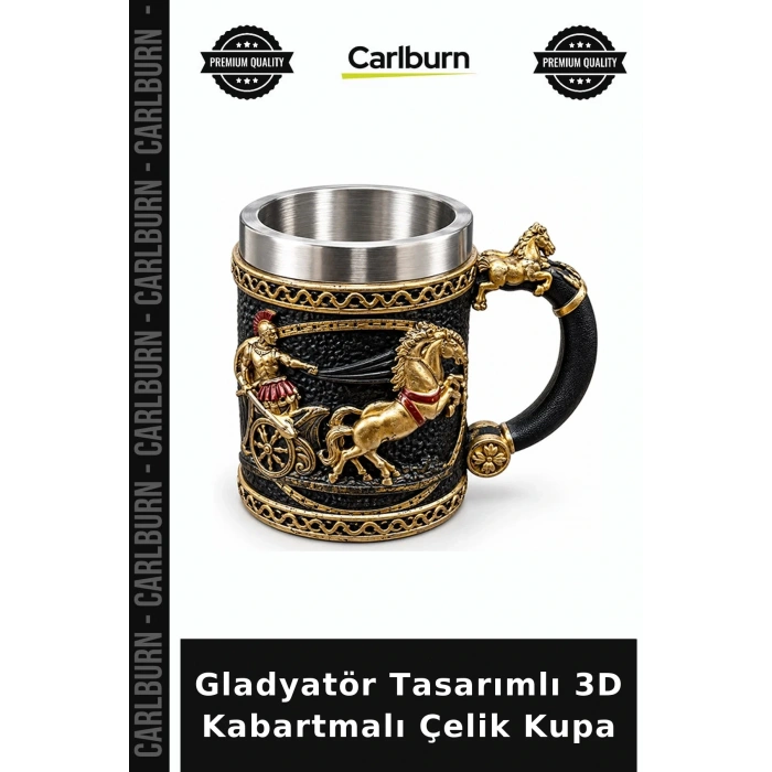 Gladyatör Tasarımlı 3D Kabartmalı Paslanmaz Çelik Kupa Bardak
