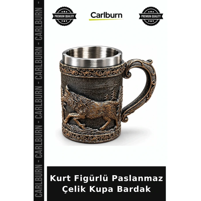 Kurt Figürlü 3D Kabartmalı Paslanmaz Çelik Kupa Bardak