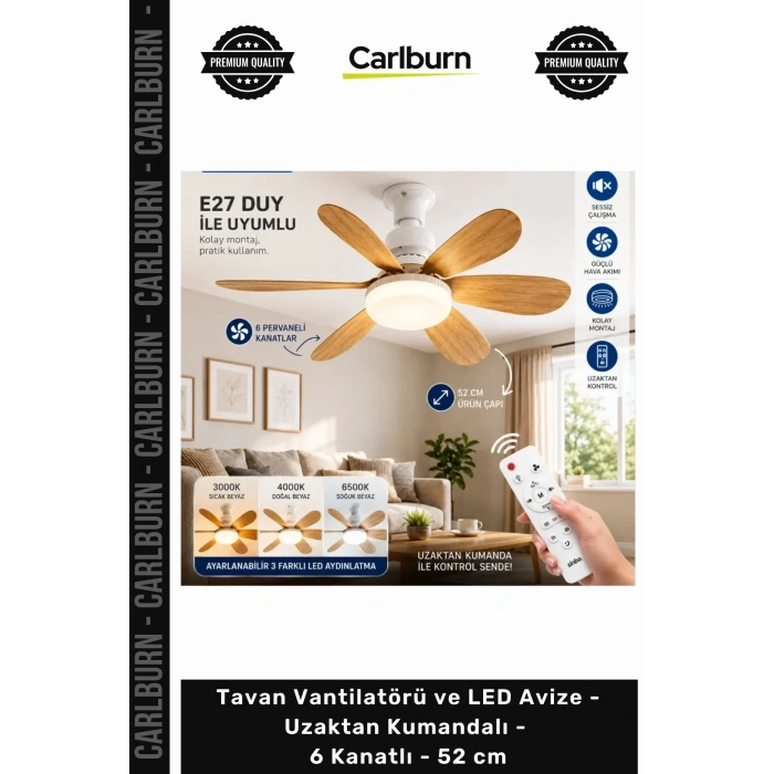 Özel Üretim Modern Şık Sessiz Tavan Vantilatörü LED Avize Uzaktan Kumandalı 6 Kanatlı 52 cm