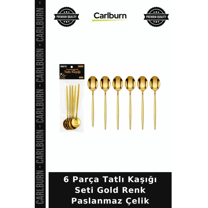 Özel Üretim Şık Sunum Ergonomik Mutfak 6 Parça Tatlı Kaşığı Seti - Gold Renk - Paslanmaz Çelik