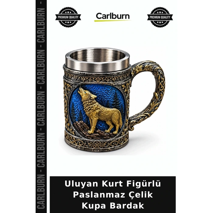 Uluyan Kurt Figürlü 3D Paslanmaz Çelik Kupa Bardak Alk6264