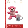 #AyıcıkSeti Happy Birthday Baskılı Tişörtlü Peluş Pembe Hediye Ayıcık Porselen Kupa Bardak Seti