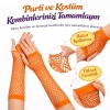 Özel Üretim Disco Parti Kostüm Aksesuar Retro Turuncu File Parmaksız Eldiven 26 cm