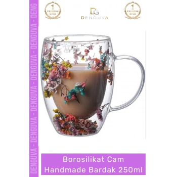 #BorosilikatBardak Çift Camlı Kurutulmuş Çiçekli Borosilikat Isıya Dayanıklı Cam Handmade Kulplu Bardak 250ml