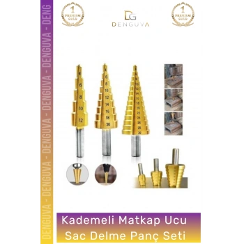 #SacDelmeSeti Profesyonel HSS Çelik Kademeli Matkap Ucu Kalay Kaplamalı 3 Parça Sac Delme Panç Seti