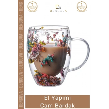 #CamBardak Çift Camlı Kurutulmuş Çiçekli Borosilikat Şık Estetik Zarif Cam Handmade Bardak 250ml