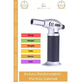 #PürmüzÇakmak 1300 Derece Profesyonel Alevli Mutfak Tipi Kamp Şef Kutulu Doldurulabilir Pürmüz Çakmak