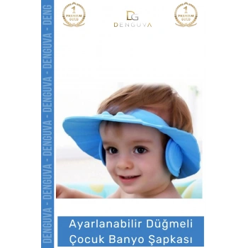 #BanyoŞapkası Fantazer Ayarlanabilir Düğmeli BPA İçermeyen Esnek Bebek Banyo Su Kaçırmayan Mavi Şapka