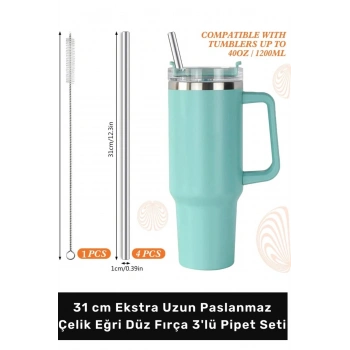 #Pipet Termos Bardak Uyumlu Ekolojik Paslanmaz Çelik Eğri Düz Fırça 3lü Pipet Seti