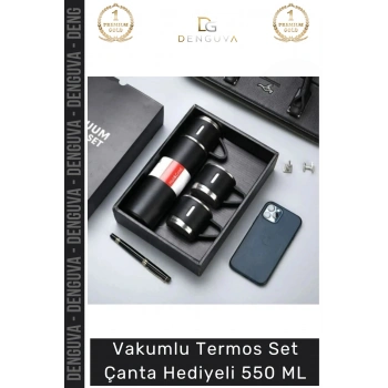 #ÇelikTermos Vakumlu Çelik Sızdırmaz Isı Koruyucu Kamp Piknik Ofis Termos Set Çanta Hediyeli 550 Ml