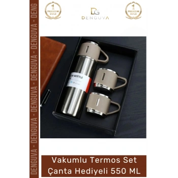 #ÇelikTermos Paslanmaz Vakumlu Isı Koruma Kamp Outdoor Sızdırmaz Termos Set Çanta Hediyeli 550 Ml