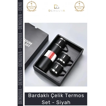 #Termos Hediyelik Mat Isı Yalıtımlı Vakumlu Paslanmaz 500ml Bardaklı Çelik Termos Set Siyah