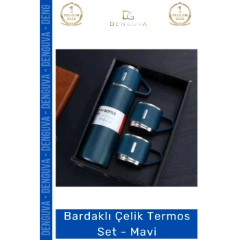 #Termos Vakumlu Paslanmaz Hediye Kutulu Isı Yalıtımlı Sızdırmaz Bardaklı Çelik Termos Set Mavi