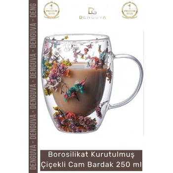 #Bardak Çift Camlı Orijinal Kurutulmuş Çiçekli Estetik Dekoratif Şık Tasarım Handmade Bardak 250 ml