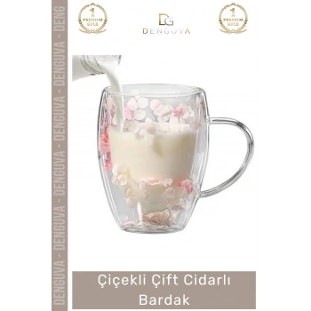 #Bardak Borosilikat Cam Çiçekli Isıya Dayanıklı Tasarım Kupa Lüks Çift Cidarlı Handmade Bardak