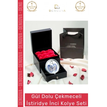 #Kolye Sevgiliye Hediye Kırmızı Gül Çekmeceli Kutu Tasarım Şık Takı İstiridye İnci Kolye Seti
