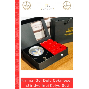 #Kolye Siyah Kutu Kokulu Kırmızı Gül Sevgililer Günü Tasarımı İstiridye İnci Kolye Seti