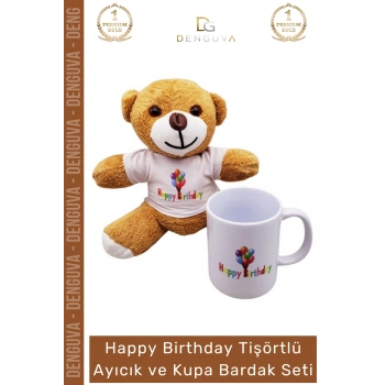 #AyıcıkSeti Happy Birthday Baskılı Tişörtlü Peluş Kahverengi Porselen Hediye Ayıcık Kupa Bardak Seti