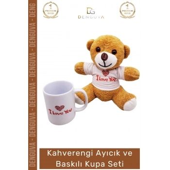 #AyıcıkSeti Love Baskılı Tişörtlü Peluş Kahverengi Porselen Hediye Ayıcık Kupa Bardak Seti