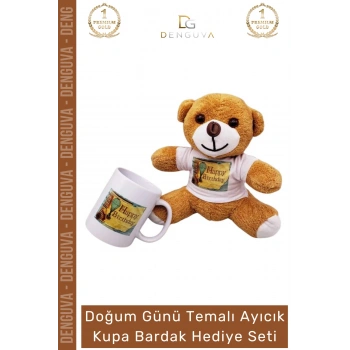 #AyıcıkSeti Happy Birthday Baskılı Tişörtlü Peluş Kahverengi Porselen Hediye Ayıcık Kupa Bardak Seti