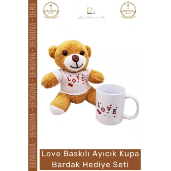 #AyıcıkSeti Love Baskılı Tişörtlü Peluş Kahverengi Porselen Hediye Ayıcık Kupa Bardak Seti