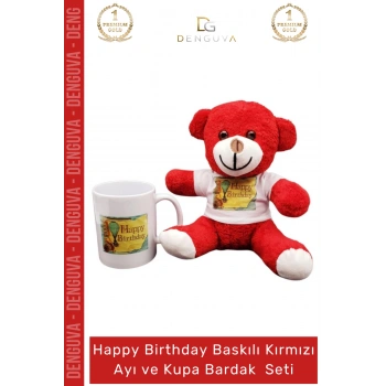 #AyıcıkSeti Happy Birthday Baskılı Tişörtlü Peluş Kırmızı Hediye Ayıcık Porselen Kupa Bardak Seti